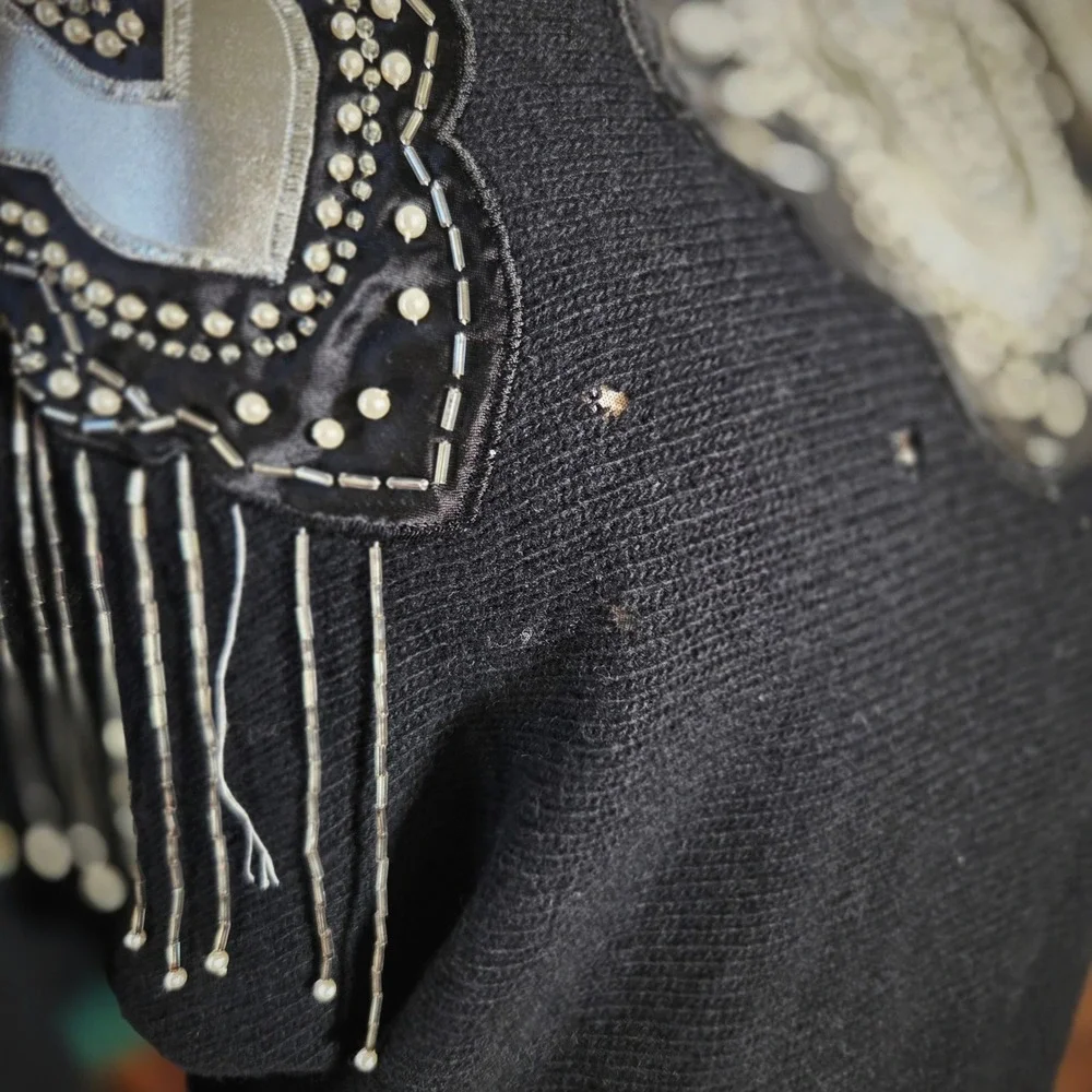 Vintage 80s Black Beaded Fringe Sweater Embellished Shoulder Sparkle Glam Size S
